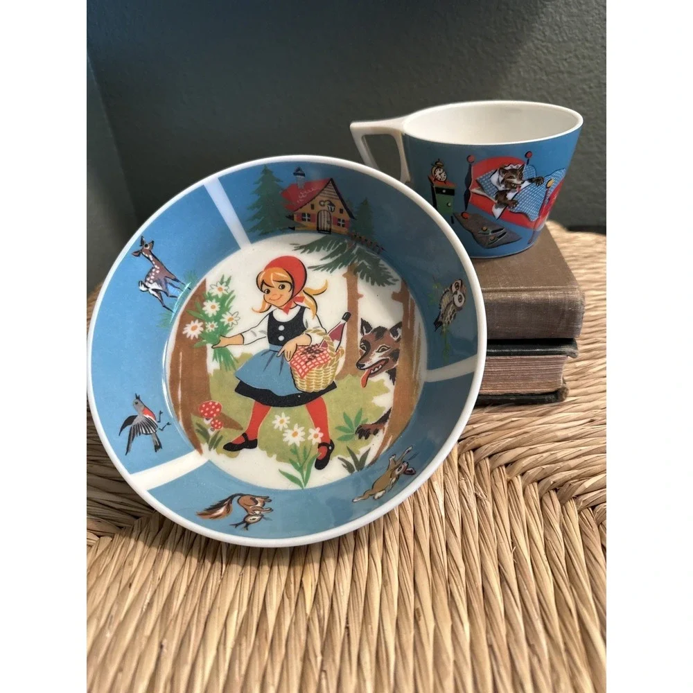 Vintage Ornamin Little Red Riding Hood Bowl & Cup Set Germany Melamine Nursery